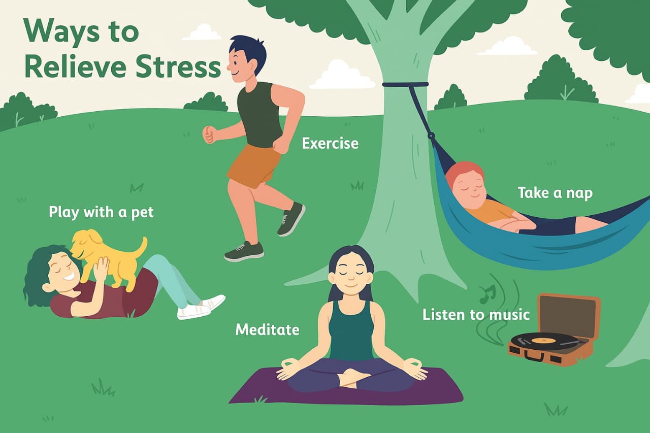 Tips to relieve stress naturally with activities like exercise, meditation, playing with pets, naps, and listening to music