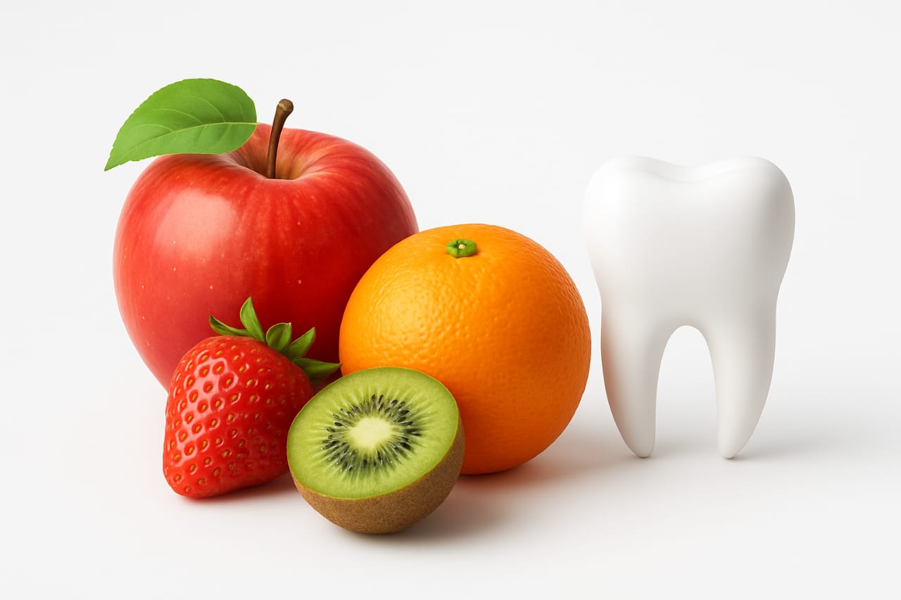 "Fresh fruits including apple, orange, strawberry, and kiwi placed beside a clean white tooth model on a white background, symbolizing healthy teeth and gums."
