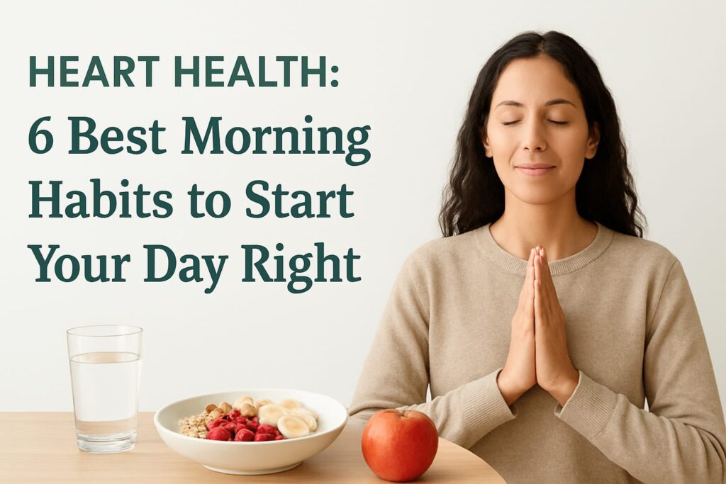 “A calm morning scene showing a woman with closed eyes and hands in prayer pose, sitting beside a table with a healthy breakfast of oatmeal with fruits, a red apple, and a glass of water — representing heart-healthy morning habits.”
