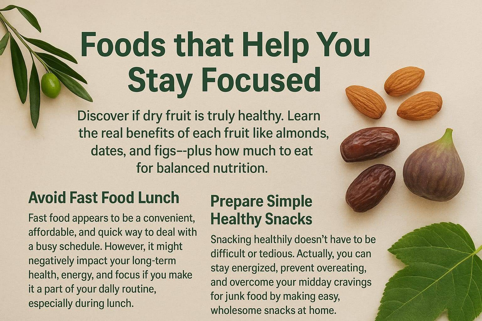 "Realistic photo with natural elements showing healthy foods like almonds, figs, and fruits on a desk background, symbolizing nutrition and lifestyle choices that improve concentration and mental focus."